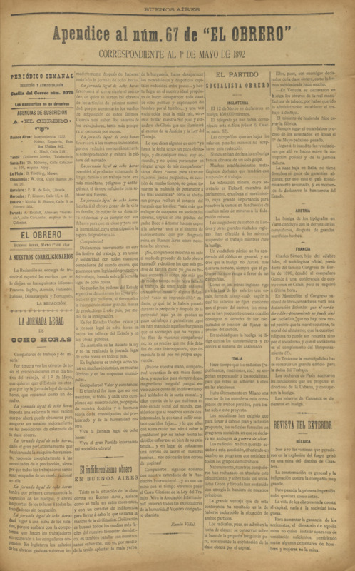 Apéndice al núm. 67 de “EL OBRERO”